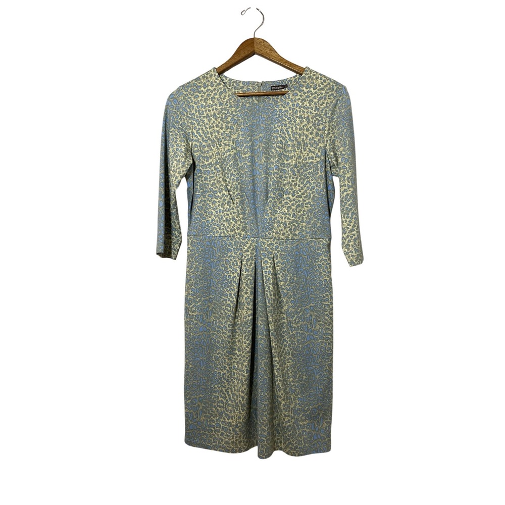 J. McLaughlin Dress Womens L Blue Tan Leopard Print‎ Silky Soft Pleated Stretch